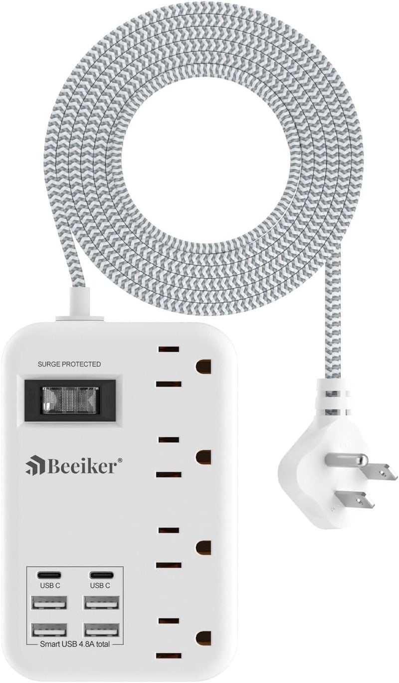 Beeiker 6 USB(2 USB C) Surge Protector Power Strip- 5Ft Travel Power Strip with 4.8A USB Charging Station and 4 Extendable Outlet, 13A Flat Plug Braided Extension Cord with Wall Mount for Travel Office Dorm - Image 1